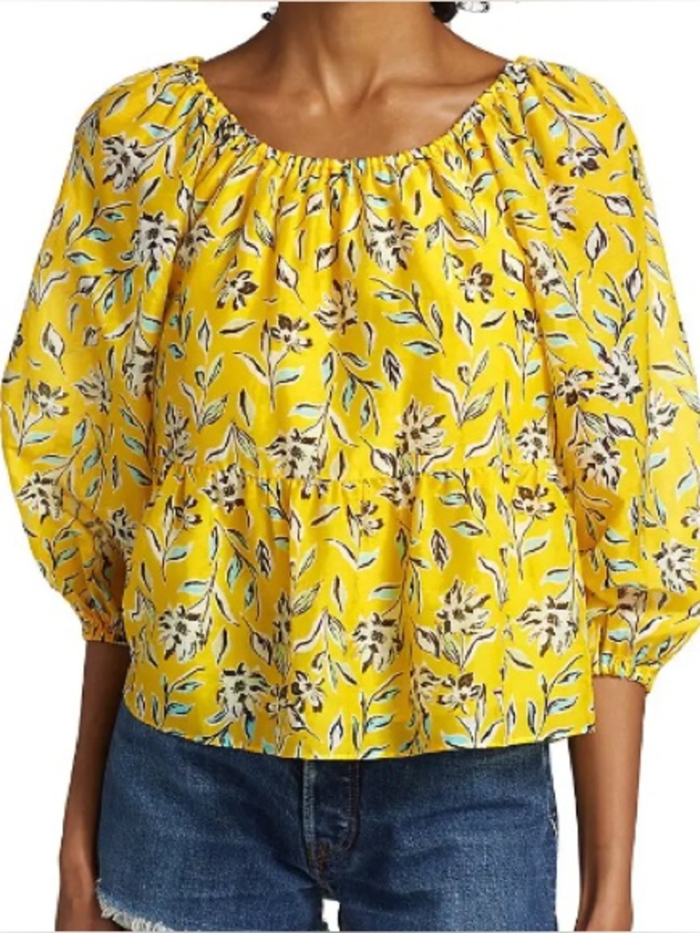 Alice Olivia XS Yellow Silk Blend Floral Top Blouse Shirt Half Sleeve Extra Sml
